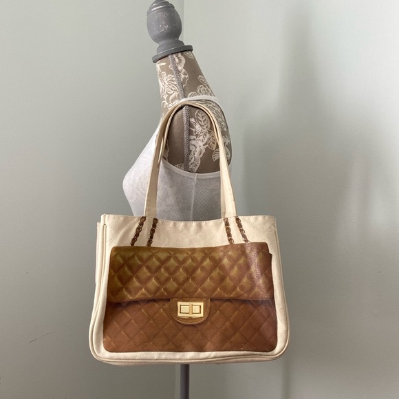 Thursday Friday Canvas Coated Quilt Print Tote Bag Cream Tan Gold - Picture 1 of 16